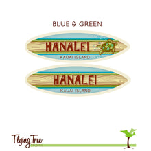 Load image into Gallery viewer, Mini Personalized Wooden Surfboard in Blue - 8&quot; Long - Green Sea Turtle Design - Add a name, surf spot, beach, city, or vacation destination
