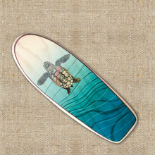 Load image into Gallery viewer, Mini Wooden Surfboard Art - Baby Honu Hawaiian Green Sea Turtle with Rainbow on Longboard
