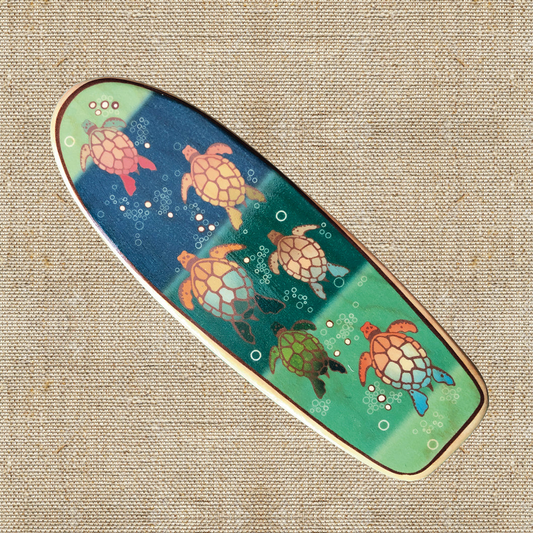Mini Wooden Surfboard Art - Colorful Swimming Sea Turtles Illustration on Longboard