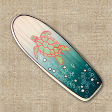 Load image into Gallery viewer, Mini Wooden Surfboard Art - Swimming Green Sea Turtle Illustration on Longboard
