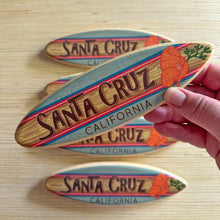 Load image into Gallery viewer, Mini Wooden Surfboard - Blue &amp; Red CA Poppy with &quot;Santa Cruz California&quot;
