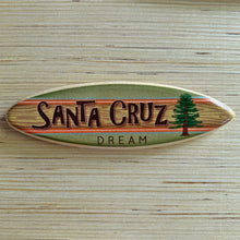 Load image into Gallery viewer, Mini Wooden Surfboard - Green &amp; Orange Redwood with &quot;Santa Cruz Dream&quot;
