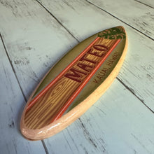 Load image into Gallery viewer, Mini Personalized Wooden Surfboard in Green - 8&quot; Long - Tropical Monstera Leaf - Add a name, surf spot, beach, city, or vacation destination
