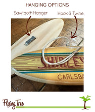 Load image into Gallery viewer, Mini Personalized Wooden Surfboard - 8&quot; Long -  Blue &amp; Red Hawaiian Hibiscus Design - Add a name, surf spot, beach, city, or vacation destination
