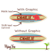 Load image into Gallery viewer, Surfboard Name Place Cards, Red Hibiscus, Retro Design, Wood Place Tag, Unique Personalized Wedding Favor, Coastal Wedding Table Setting
