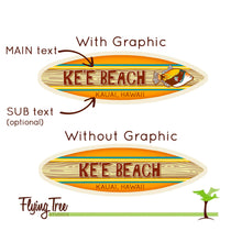 Load image into Gallery viewer, Mini Personalized Wooden Surfboard - 8&quot; Long - Orange with Tropical Hawaiian Humuhumu Fish - Add name, surf spot, beach, city, or vacation destination
