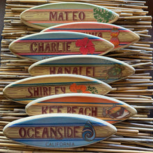 Load image into Gallery viewer, Mini Personalized Wooden Surfboard - 8&quot; Long - Orange with Tropical Hawaiian Humuhumu Fish - Add name, surf spot, beach, city, or vacation destination
