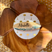 Load image into Gallery viewer, Mini Surfboard Name Place Cards, Coastal Shore Ocean, Wood Place Tag, Unique Wedding Favor, Tropical Beach Wedding Table Setting
