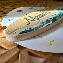 Load image into Gallery viewer, Mini Surfboard Name Place Cards, Coastal Shore Ocean, Wood Place Tag, Unique Wedding Favor, Tropical Beach Wedding Table Setting
