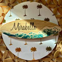 Load image into Gallery viewer, Mini Surfboard Name Place Cards, Coastal Shore Ocean, Wood Place Tag, Unique Wedding Favor, Tropical Beach Wedding Table Setting
