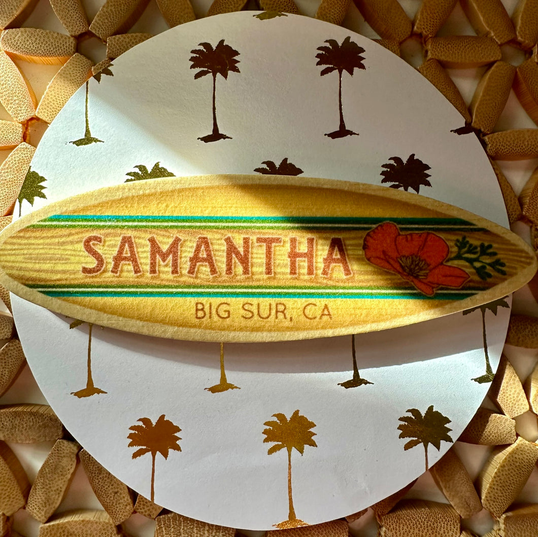 Surfboard Name Place Cards, California Poppy, Retro Design, Wood Place Tag, Unique Personalized Wedding Favor, Coastal Wedding Table Setting