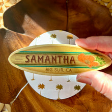 Load image into Gallery viewer, Surfboard Name Place Cards, California Poppy, Retro Design, Wood Place Tag, Unique Personalized Wedding Favor, Coastal Wedding Table Setting
