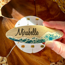 Load image into Gallery viewer, Mini Surfboard Name Place Cards, Coastal Shore Ocean, Wood Place Tag, Unique Wedding Favor, Tropical Beach Wedding Table Setting
