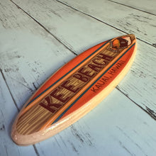 Load image into Gallery viewer, Mini Personalized Wooden Surfboard - 8&quot; Long - Orange with Tropical Hawaiian Humuhumu Fish - Add name, surf spot, beach, city, or vacation destination
