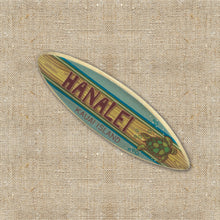 Load image into Gallery viewer, Mini Personalized Wooden Surfboard in Blue - 8&quot; Long - Green Sea Turtle Design - Add a name, surf spot, beach, city, or vacation destination
