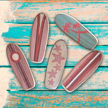 Load image into Gallery viewer, Mini Wooden Surfboard Art, Classic Longboard Designs, Pink Collection
