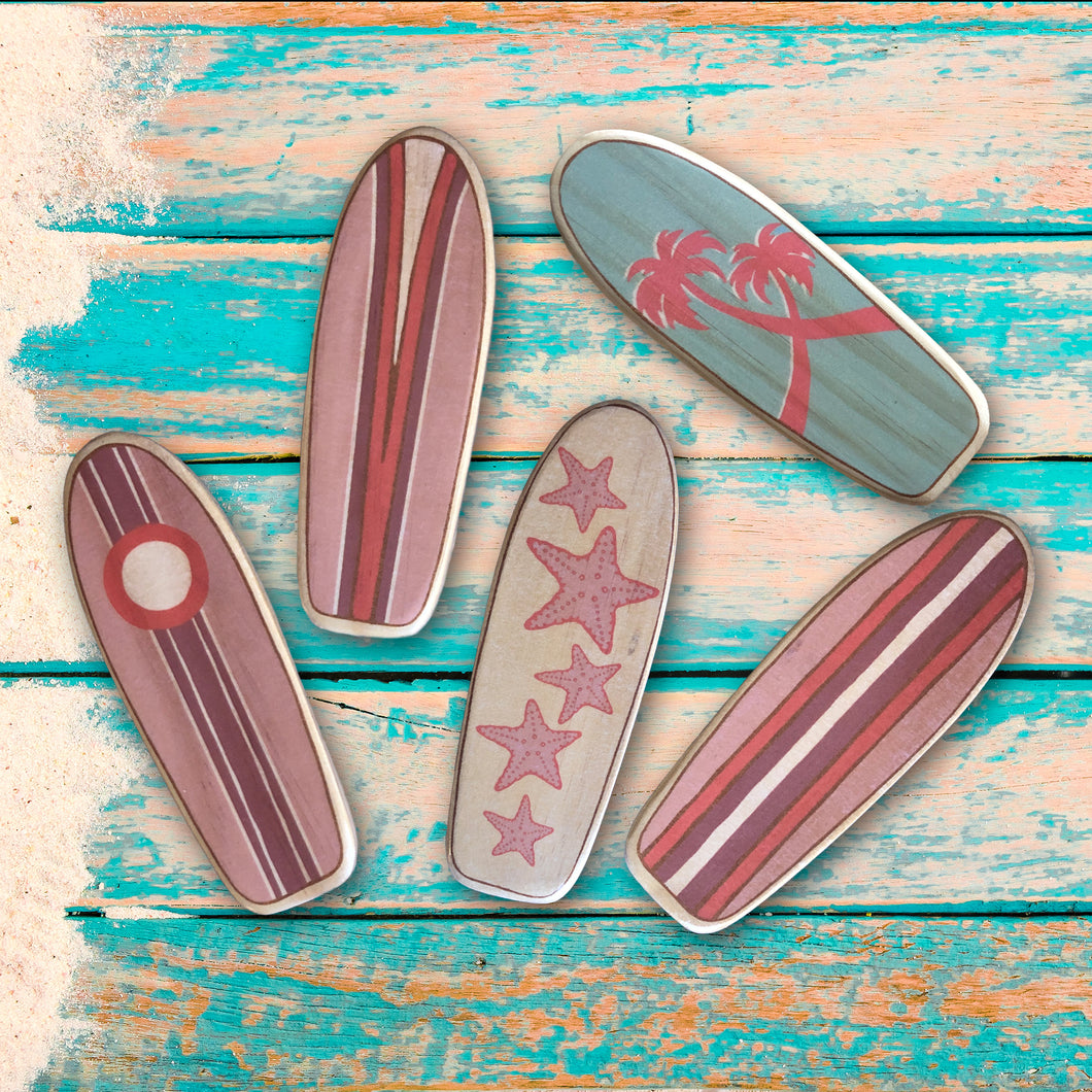 Mini Wooden Surfboard Art, Classic Longboard Designs, Pink Collection