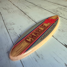 Load image into Gallery viewer, Mini Personalized Wooden Surfboard - 8&quot; Long -  Blue &amp; Red Hawaiian Hibiscus Design - Add a name, surf spot, beach, city, or vacation destination
