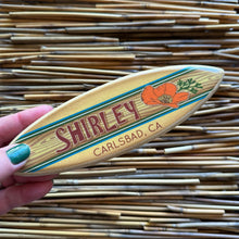 Load image into Gallery viewer, Mini Personalized Wooden Surfboard in Blue - 8&quot; Long - California Poppy Design - Add a name, surf spot, beach, city, or vacation destination
