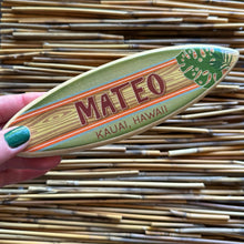 Load image into Gallery viewer, Mini Personalized Wooden Surfboard in Green - 8&quot; Long - Tropical Monstera Leaf - Add a name, surf spot, beach, city, or vacation destination
