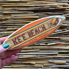 Load image into Gallery viewer, Mini Personalized Wooden Surfboard - 8&quot; Long - Orange with Tropical Hawaiian Humuhumu Fish - Add name, surf spot, beach, city, or vacation destination
