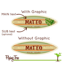 Load image into Gallery viewer, Mini Personalized Wooden Surfboard in Green - 8&quot; Long - Tropical Monstera Leaf - Add a name, surf spot, beach, city, or vacation destination
